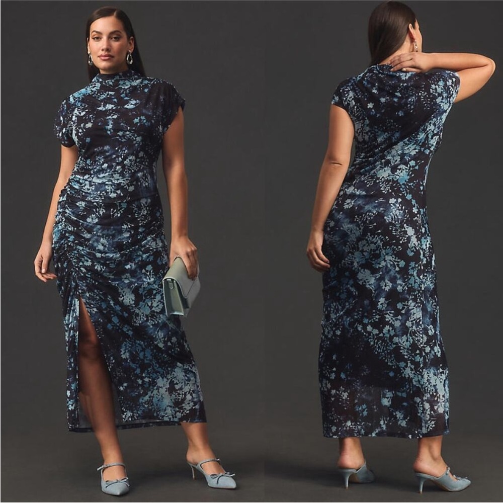 Anthropologie Navy and Light Blue Floral Ruched Midi Dress